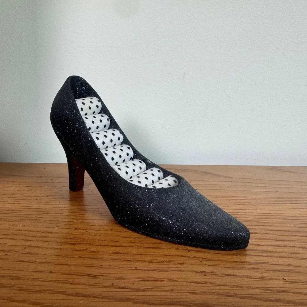Vintage‎ Y2K Black Glitter High Heel Shoe Ring Holder Jewelry Display Red Bottom